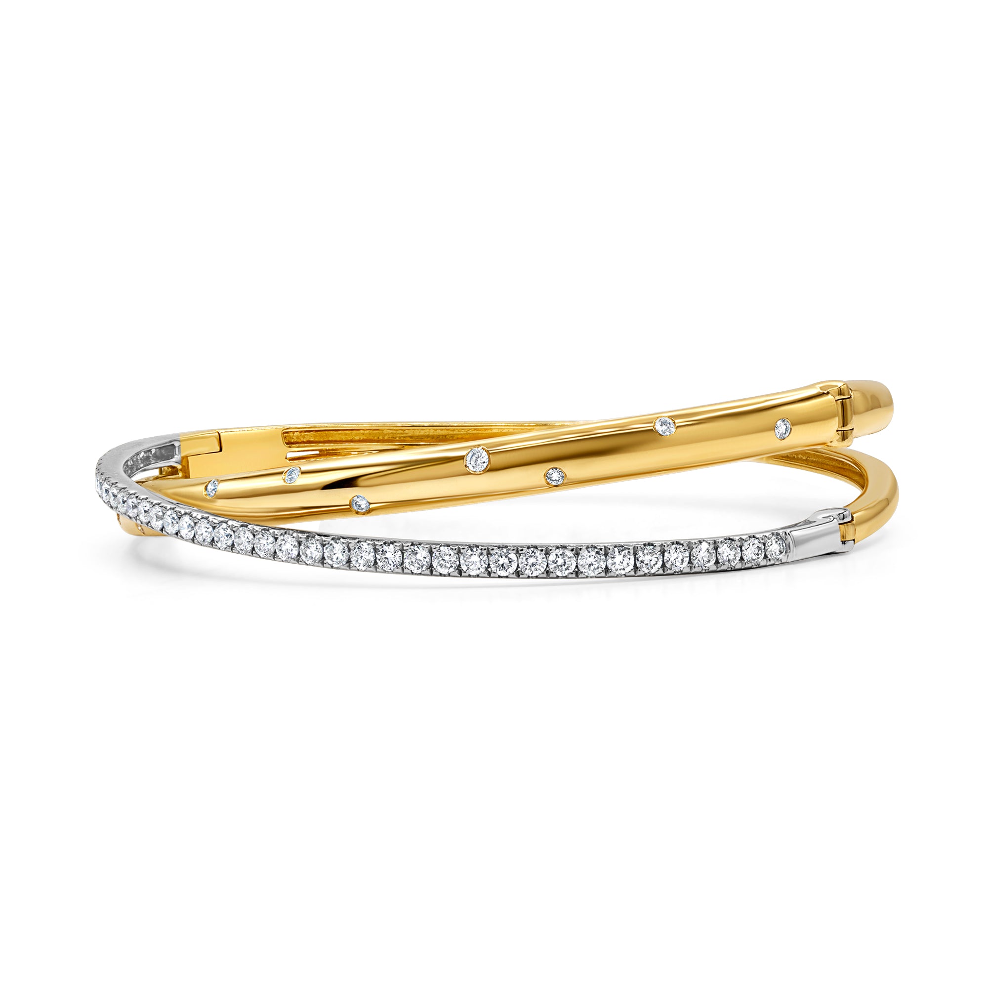 14K gold criss cross bangle featuring prong-set round diamonds in a sleek, modern design.