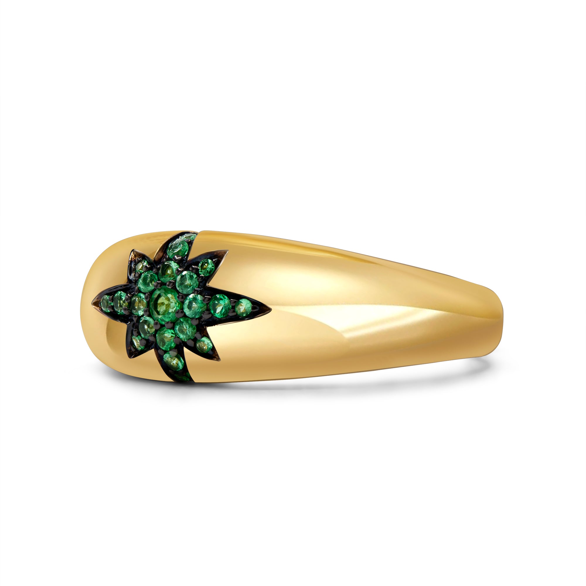 Gold dome ring in 14K gold featuring a firecracker-style cluster of prong-set green emeralds in a bold, modern design.