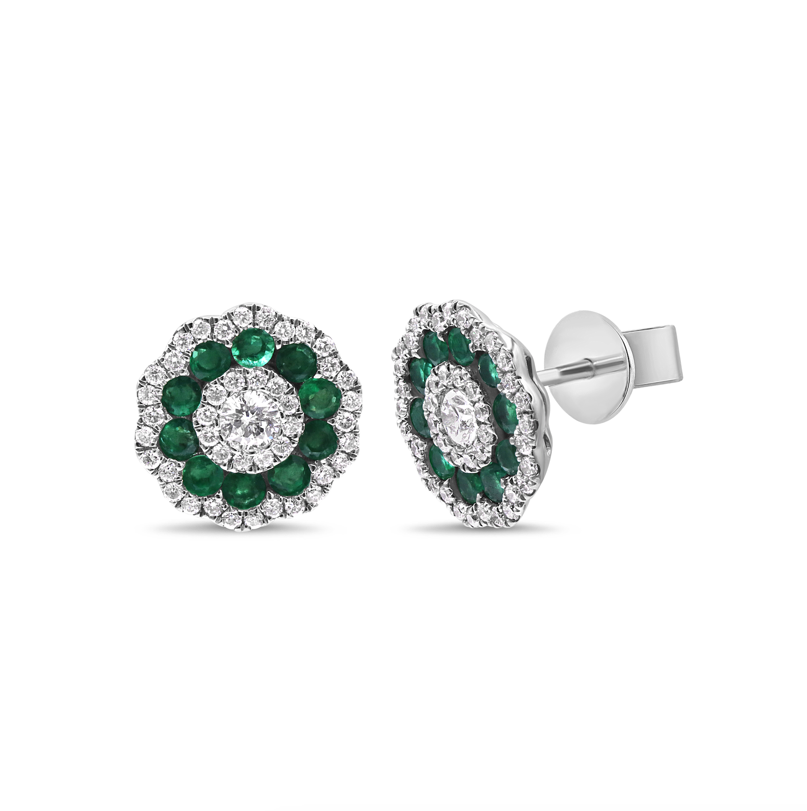 Green emerald and diamond cluster stud earrings in 18K white gold featuring alternating emeralds and round diamonds in a vibrant cluster design.