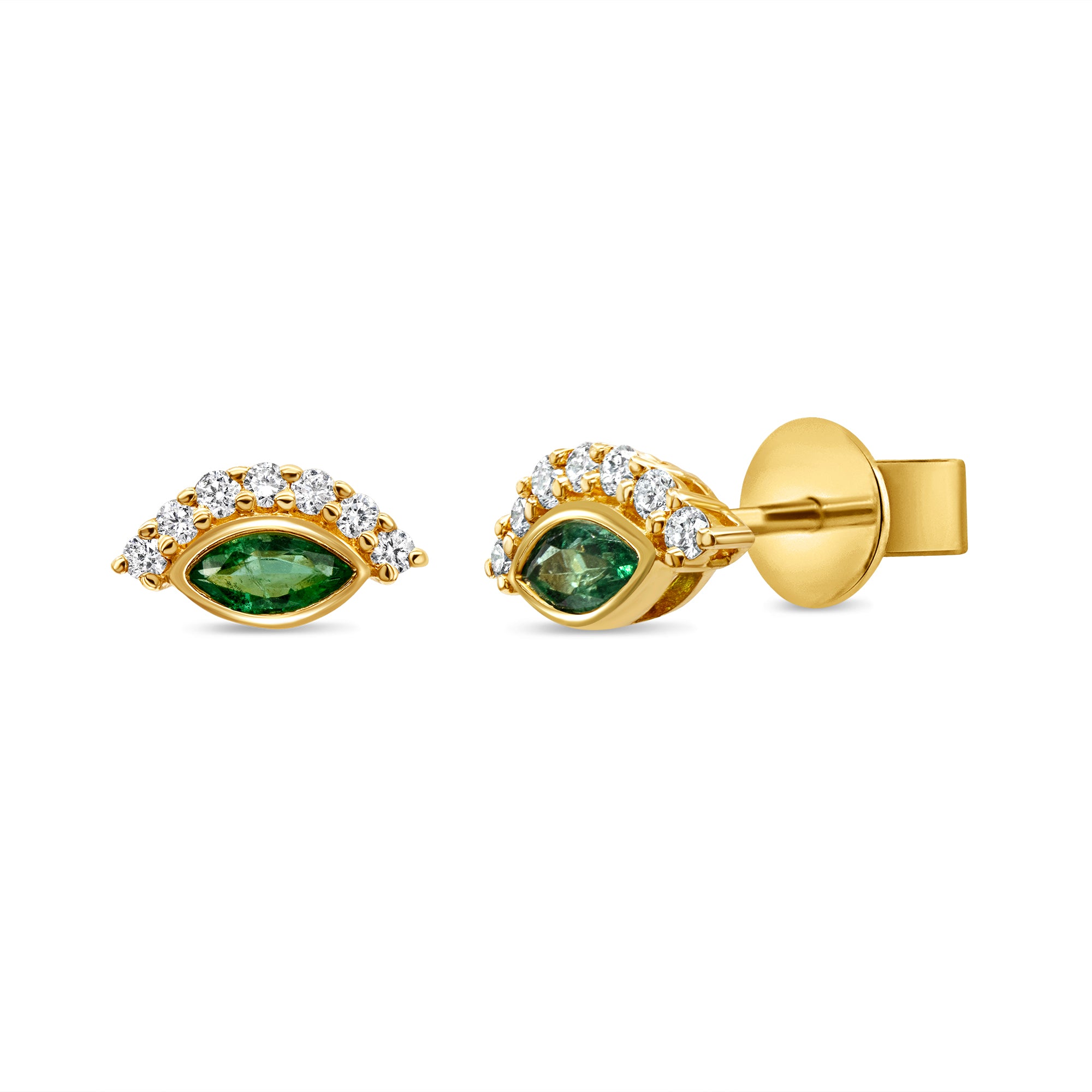 14K gold eye stud earrings featuring emerald centers with round diamond accents in a modern design.