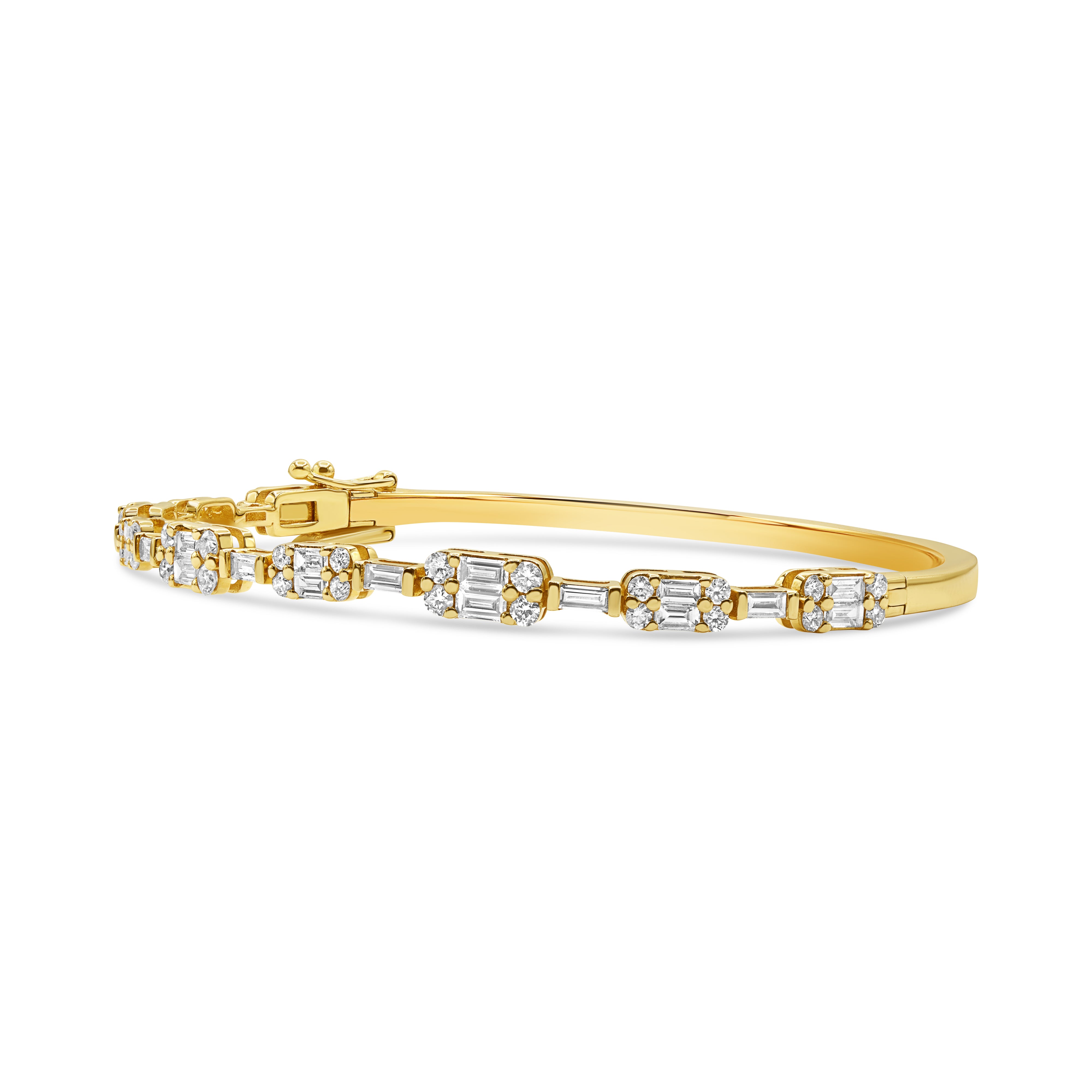 Illusion-set baguette diamond bangle in 14K gold featuring baguette and round diamonds in a modern, elegant design.