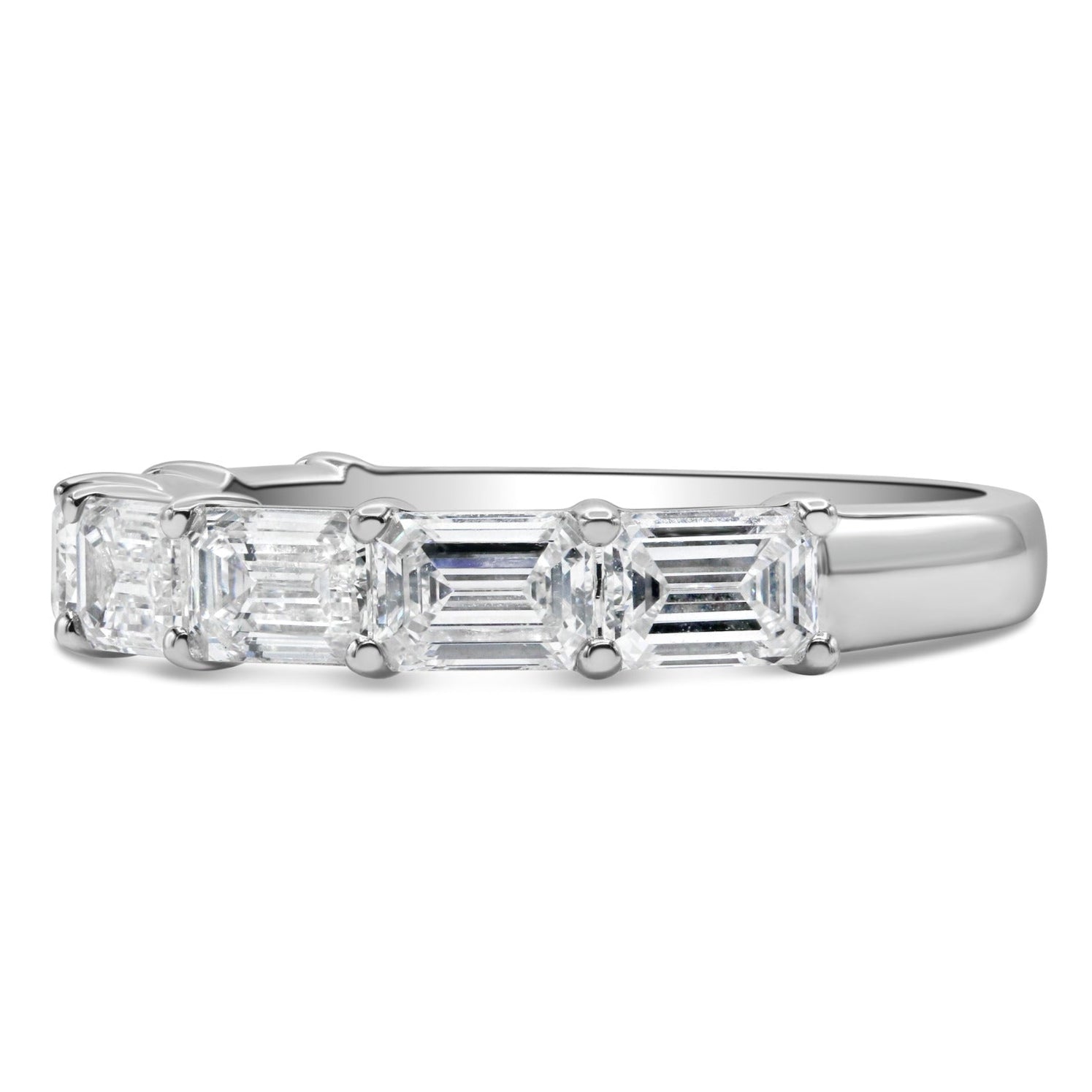 Lab grown emerald cut East West band in 14K white gold featuring emerald cut diamonds in a modern half-eternity design.