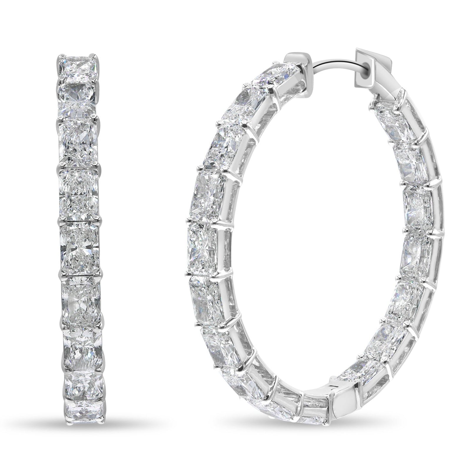 Lab grown radiant cut diamond hoop earrings in 14K white gold featuring radiant cut diamonds in a bold, modern design.