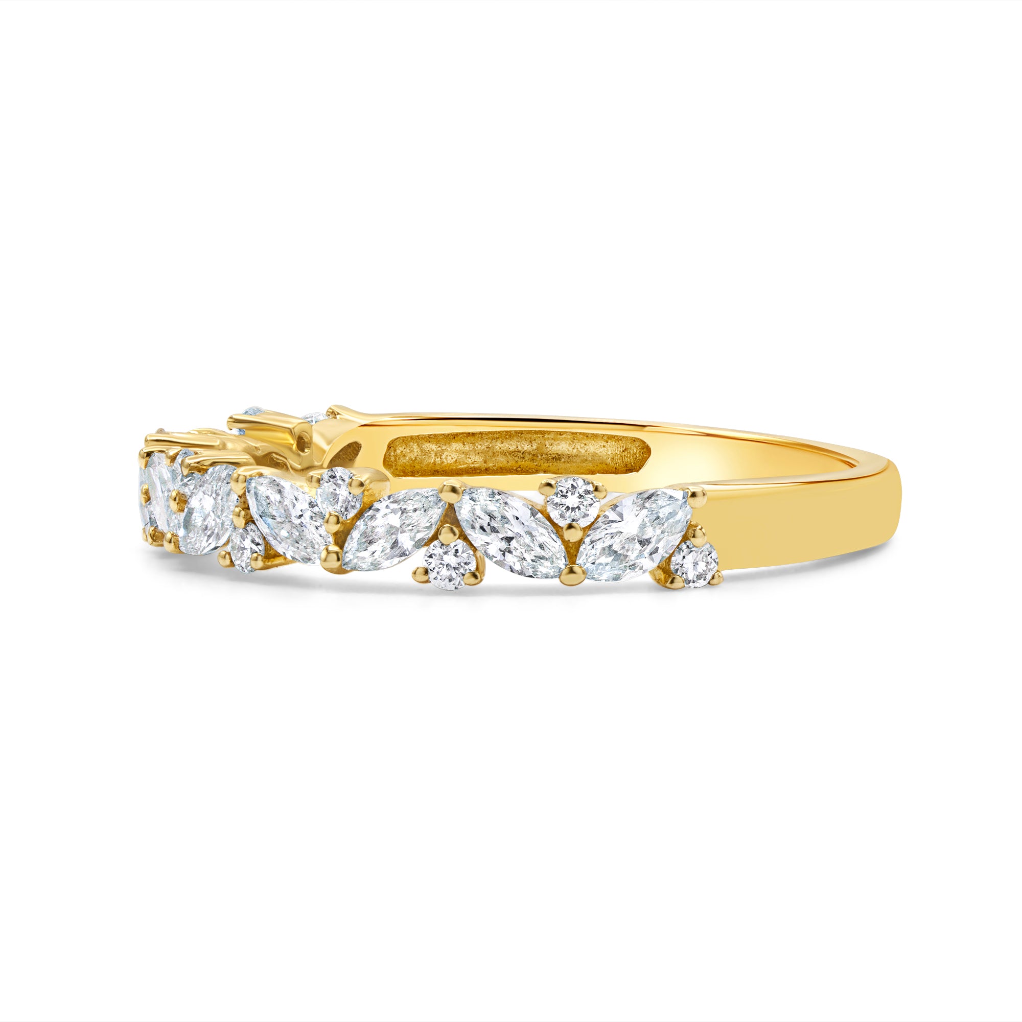 Alternating marquise and round diamond band in 14K gold featuring prong-set lab-grown diamonds in an elegant, modern design.