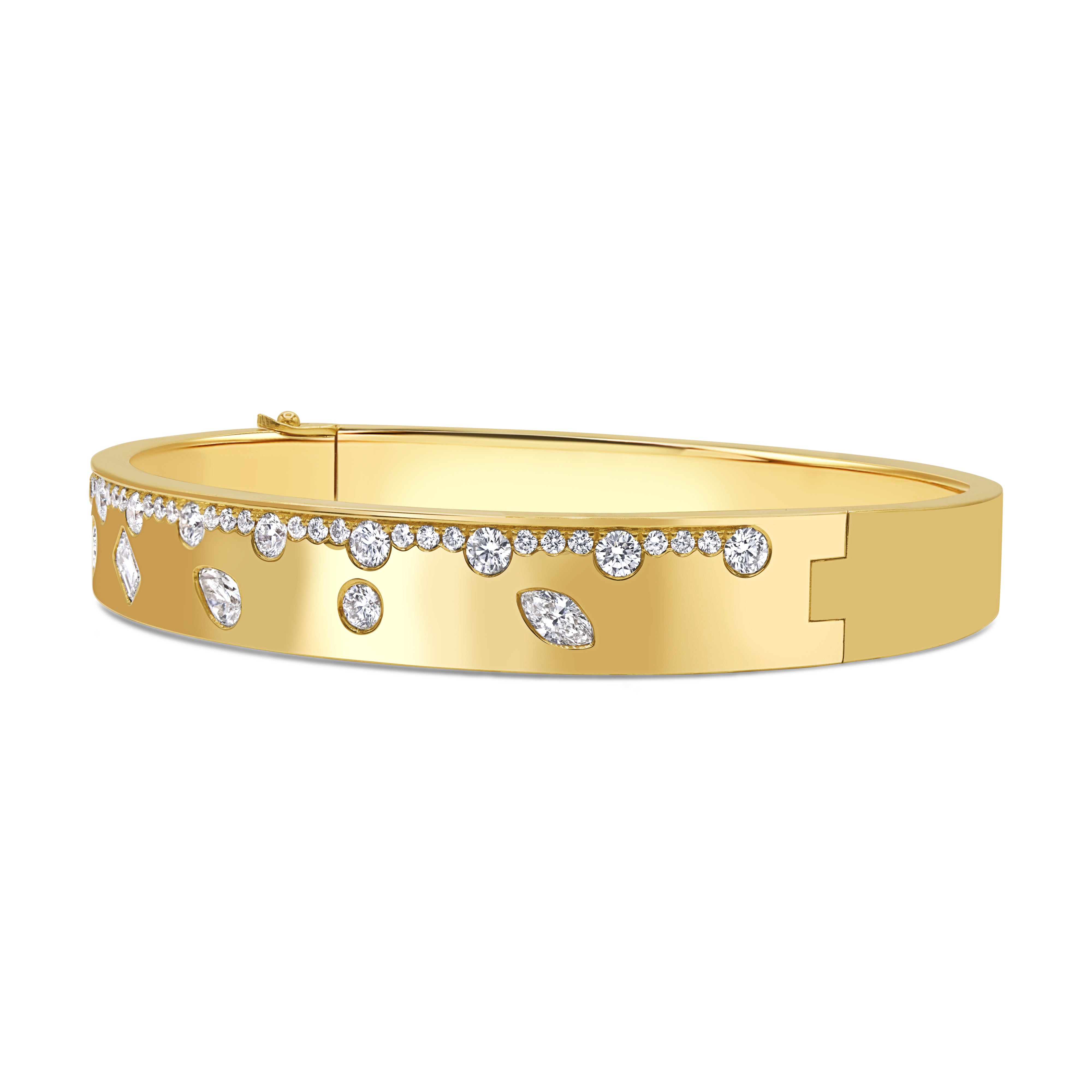 Multi-shape diamond bangle in 18K yellow gold featuring pavé and bezel-set natural diamonds in a bold, modern design.