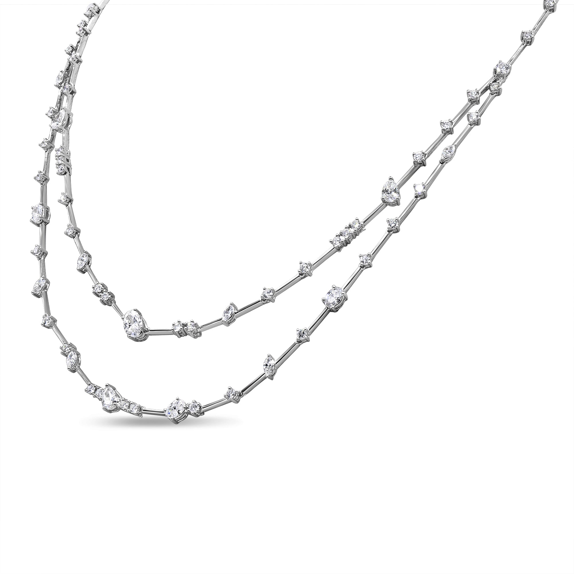 14K gold layered diamond necklace featuring marquise, pear, and round diamonds in a modern design.