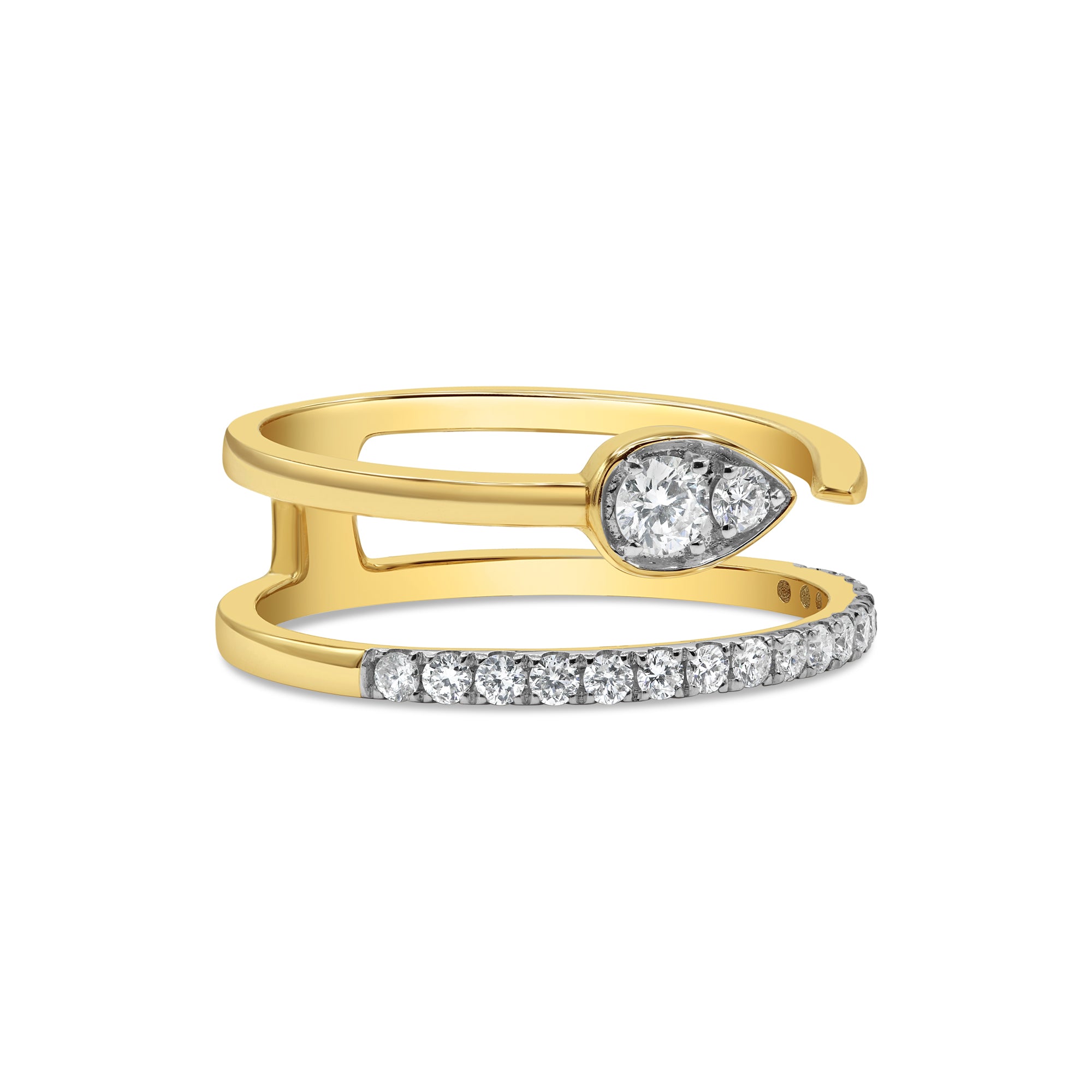 Open wrap pear illusion ring in 14K yellow gold featuring round brilliant diamonds in a modern, elegant design.