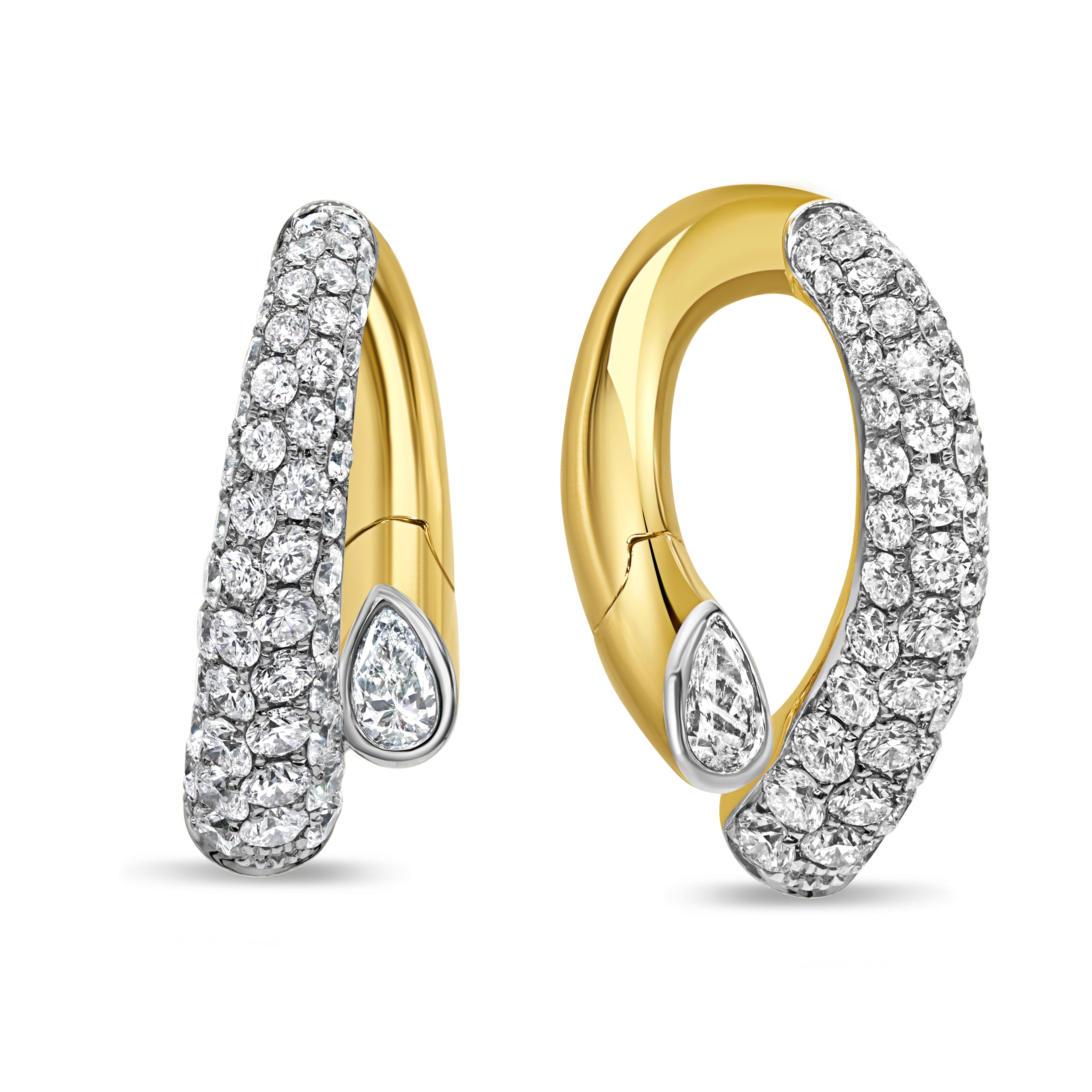 18K two-tone gold hoop earrings featuring pavé diamonds and bezel-set pear-shaped diamonds in a modern design.
