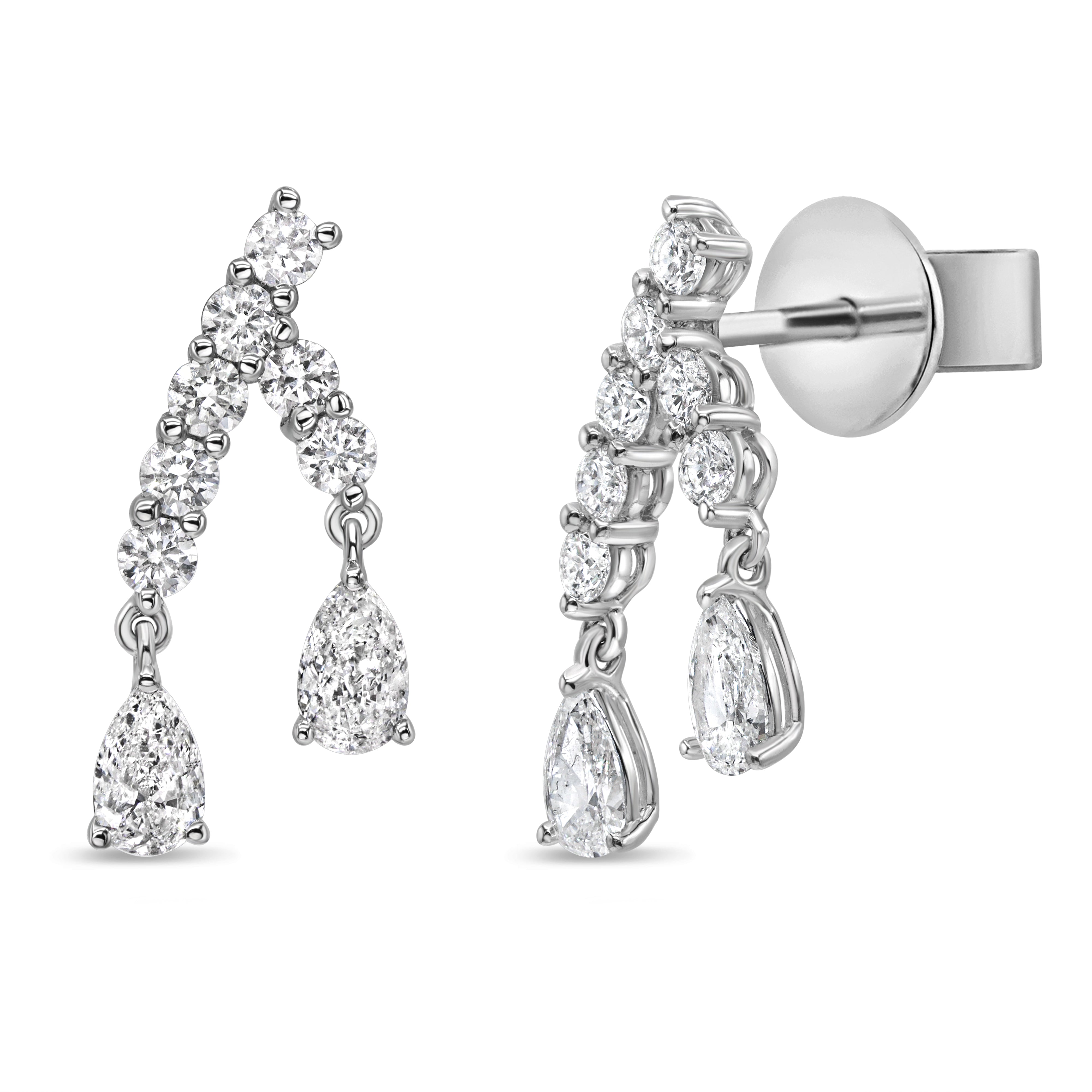 Pear shape diamond drop earrings in 18K white gold featuring side-by-side pear diamonds with round brilliant accents in an elegant, modern design.