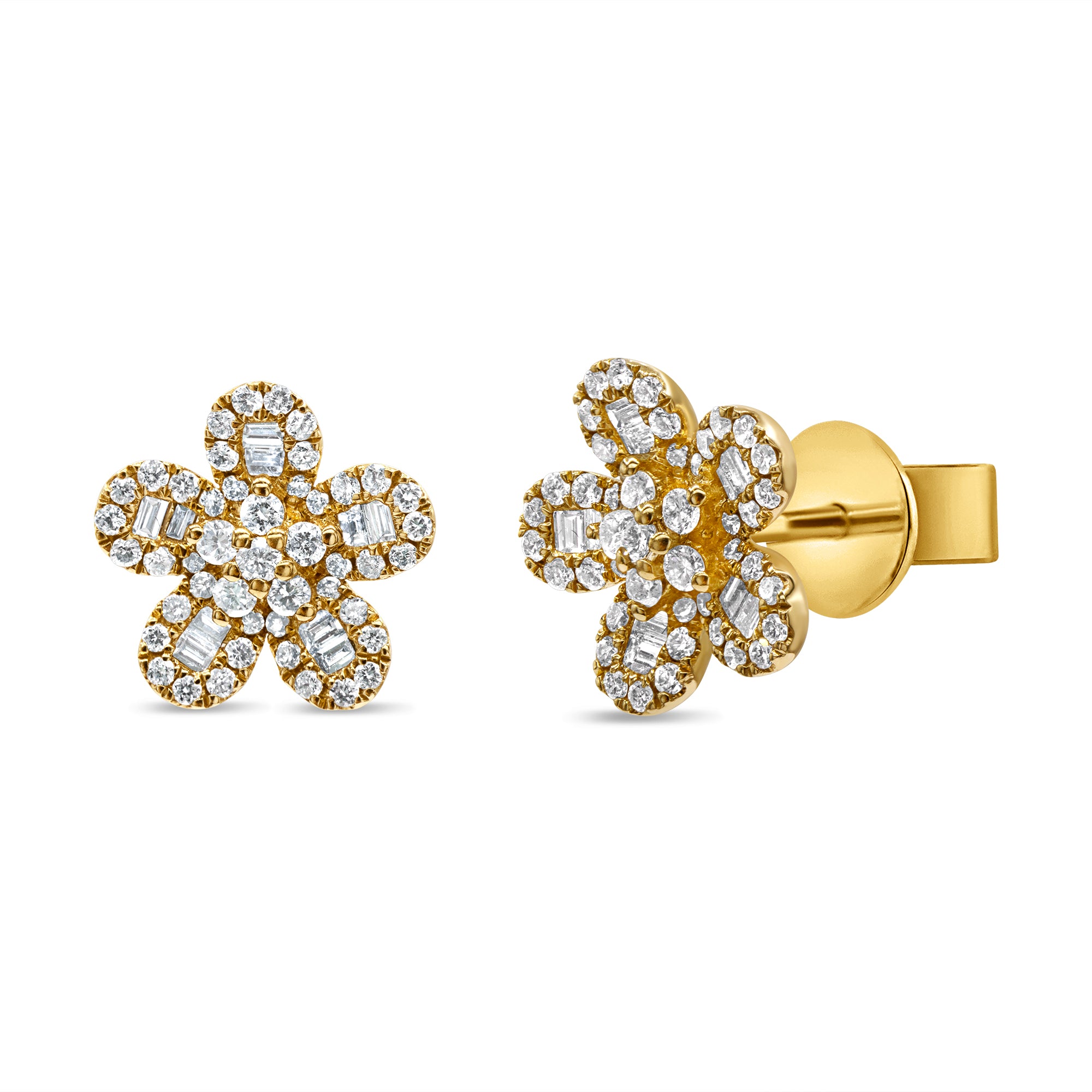 14K gold flower stud earrings featuring baguette and round brilliant diamonds in a delicate floral design.