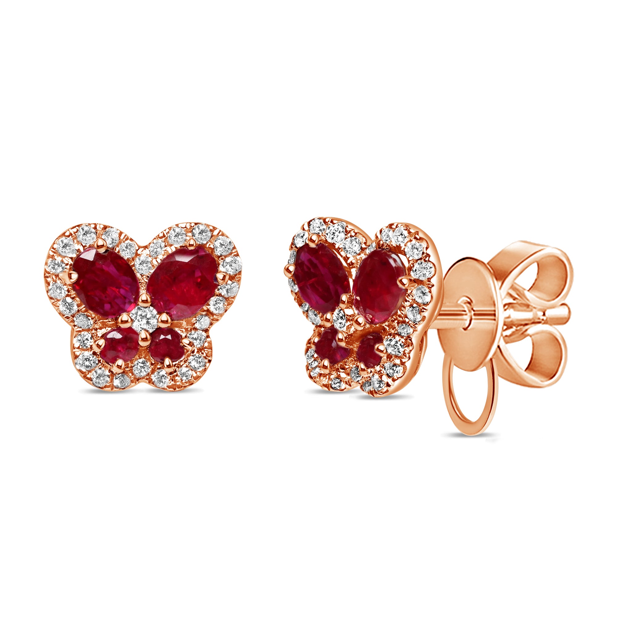 Ruby and diamond butterfly stud earrings in 18K rose gold featuring vibrant ruby gemstones and round diamond accents in a delicate design.