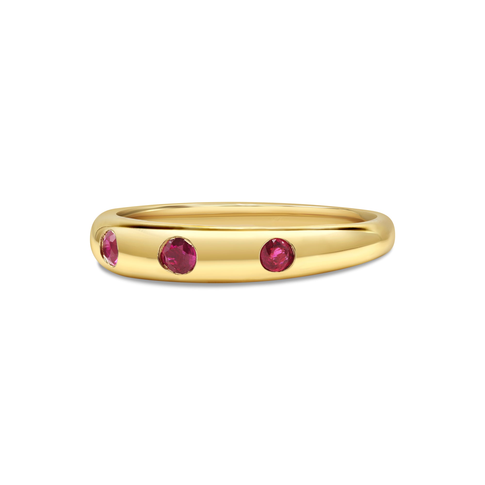 Ruby inlay ring in 14K gold featuring round rubies in a sleek dome-style band with flush-set gemstone details.