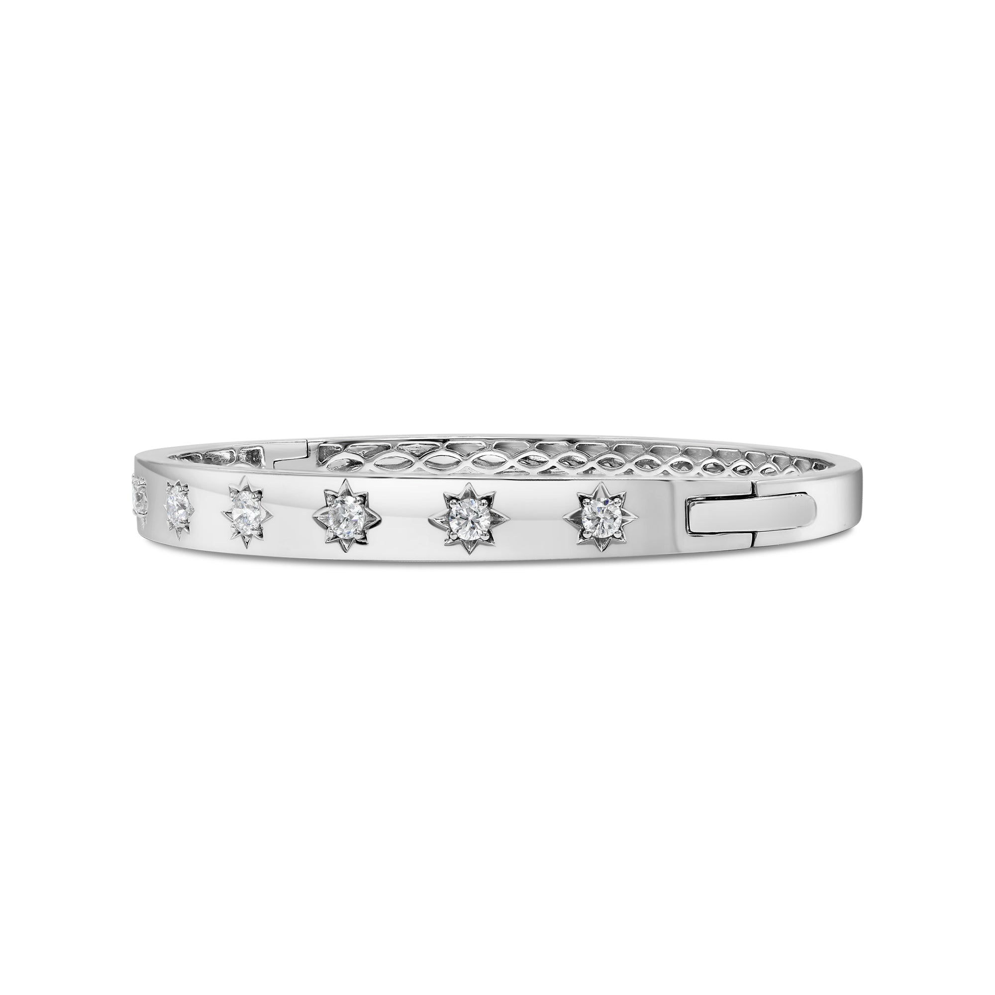 14K white gold bangle featuring round diamonds with starburst engraved settings for a celestial-inspired look.
