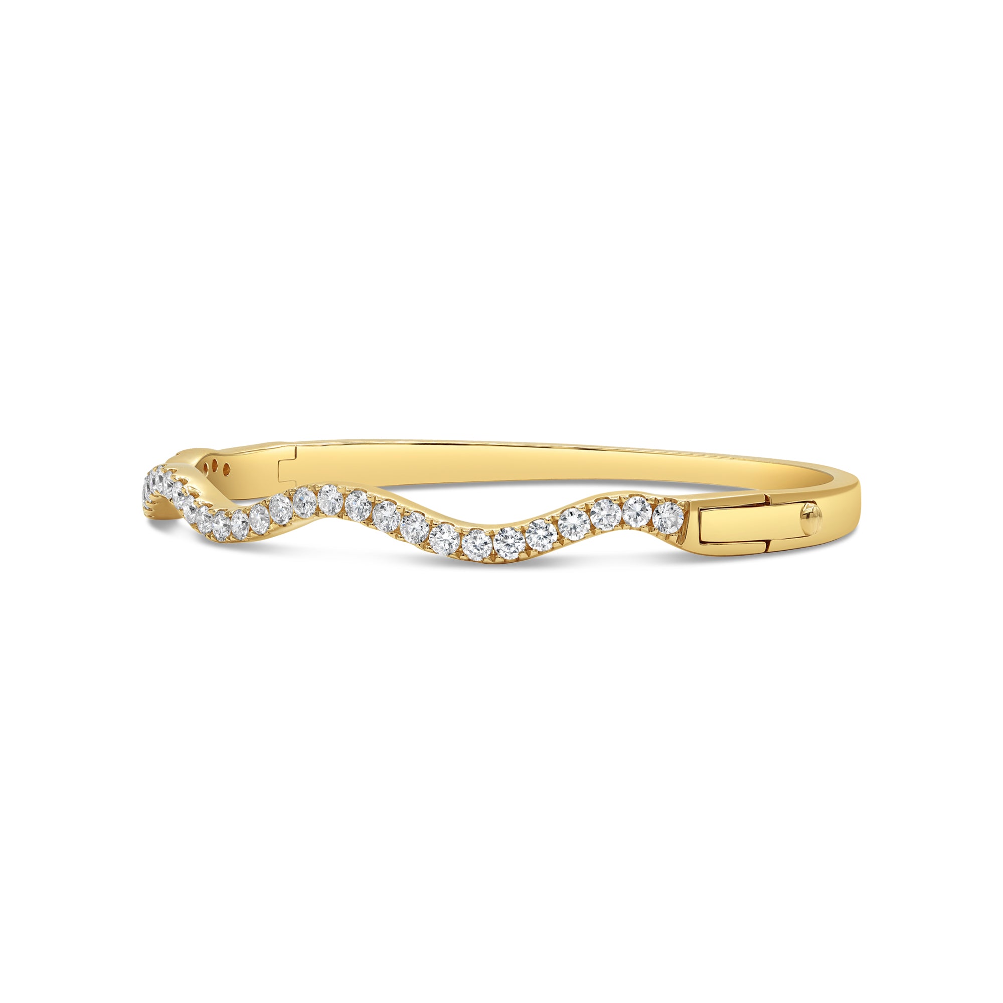 Wave design diamond bangle in 14K gold featuring 33 round diamonds totaling 1.13 carats in a 53x43MM modern curved silhouette.