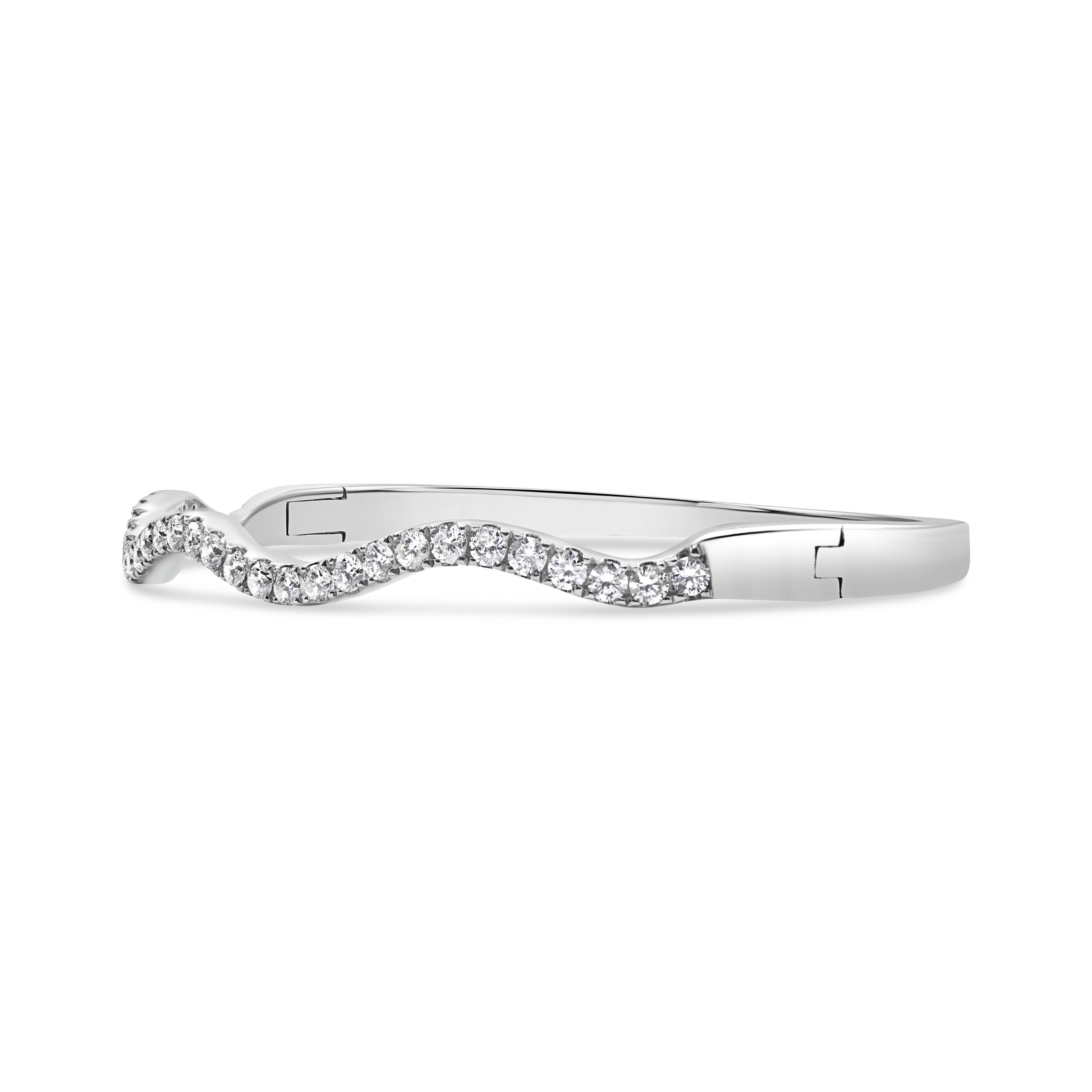 Wave diamond bangle in 14K gold featuring pavé-set round diamonds in a modern curved design.