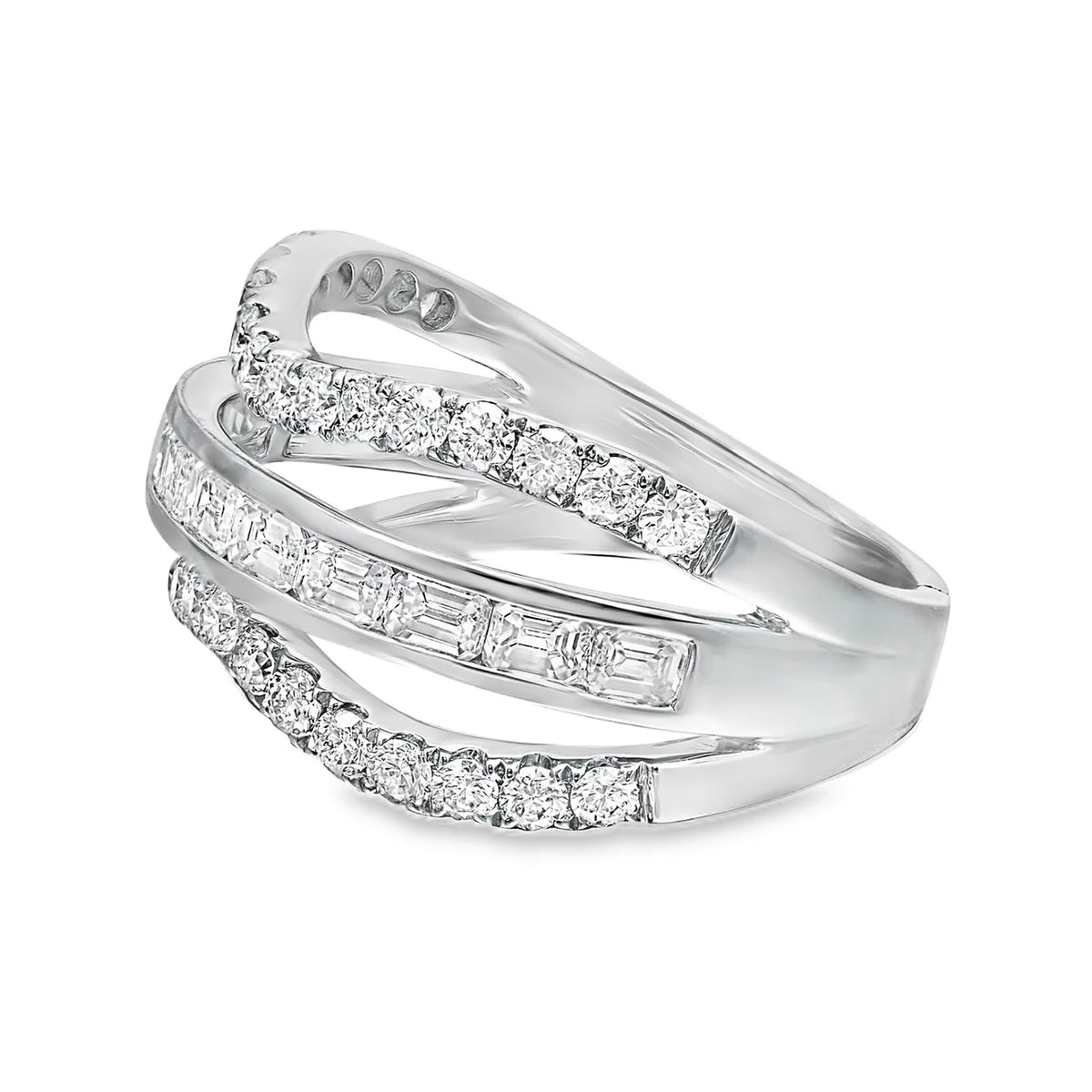 18K white gold diamond wave ring with alternating emerald and round cut diamonds in a sleek, fluid silhouette.