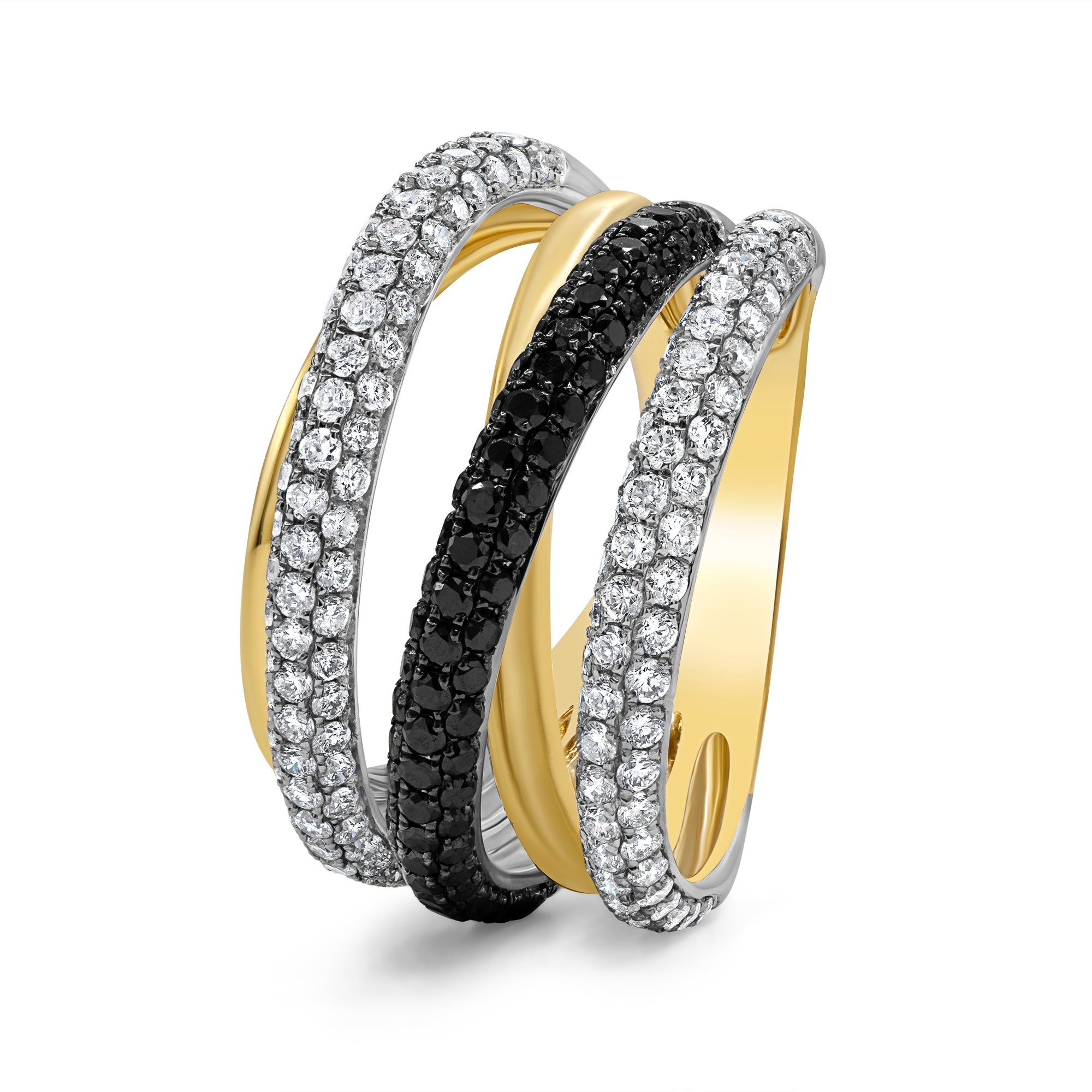 Black and white diamond dome ring in 14K gold featuring multi-row prong-set design with round brilliant and black diamonds in a bold statement style.