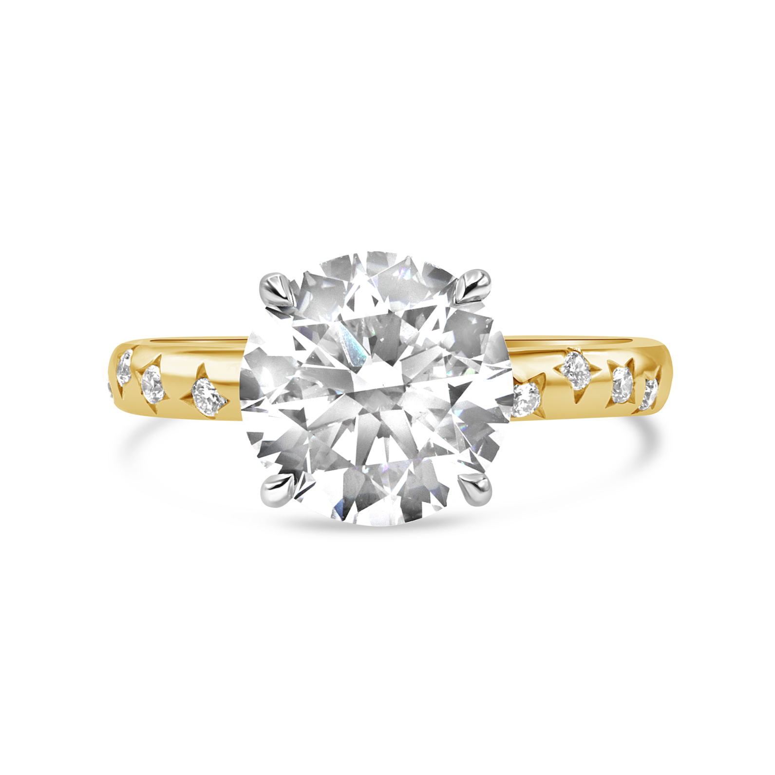Platinum and 18K yellow gold diamond ring featuring a 2.75 carat round center diamond with sparkling accent stones.