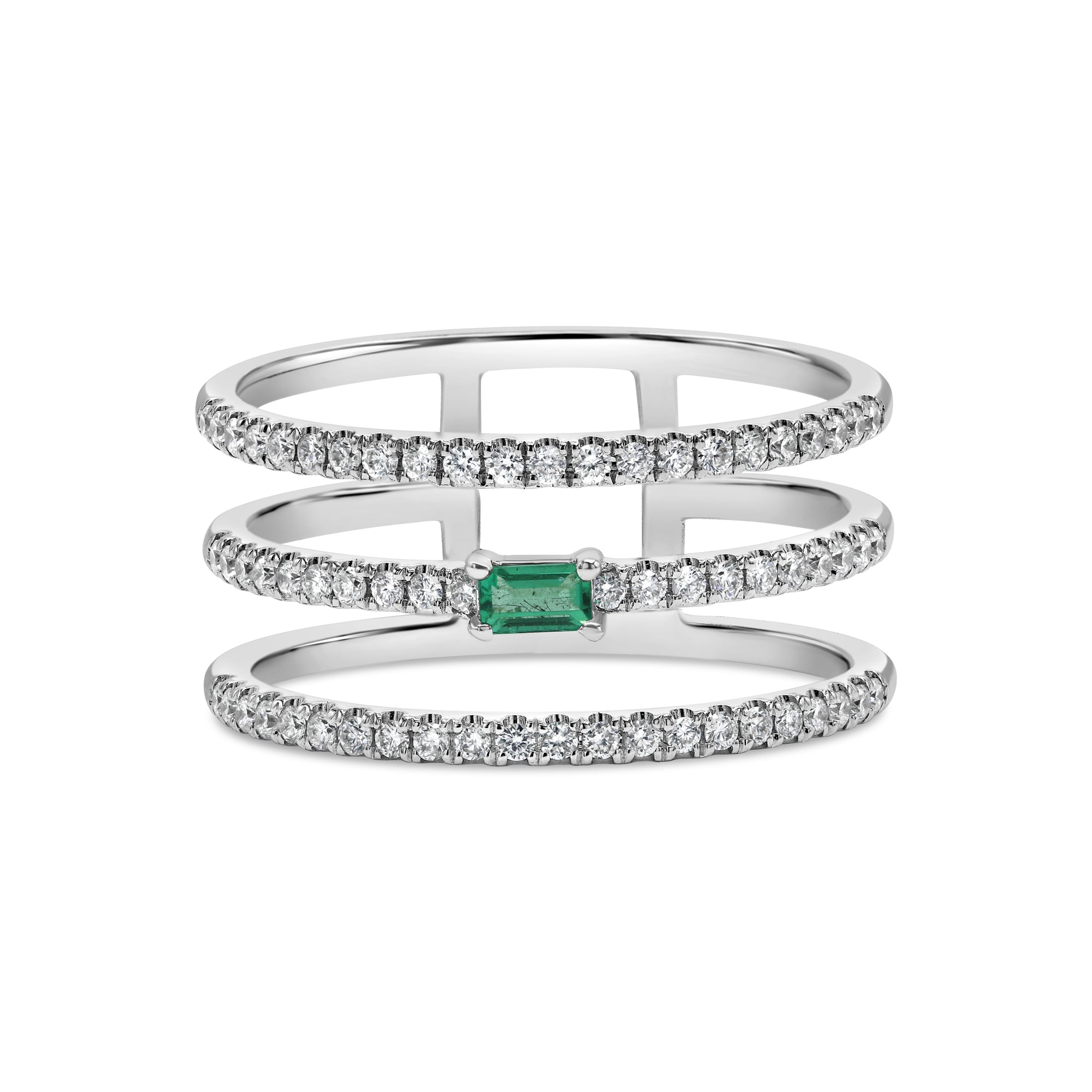 14K gold ring featuring three rows of round diamonds with a centered emerald-cut emerald accent.