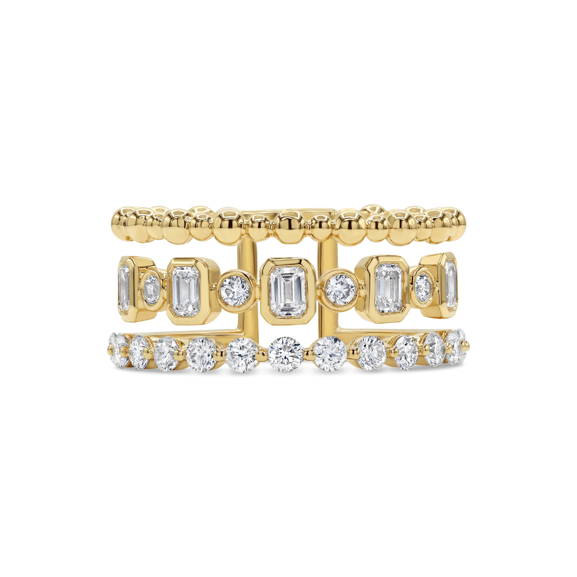 14K yellow gold ring featuring emerald-cut and round diamonds arranged in three structured rows.