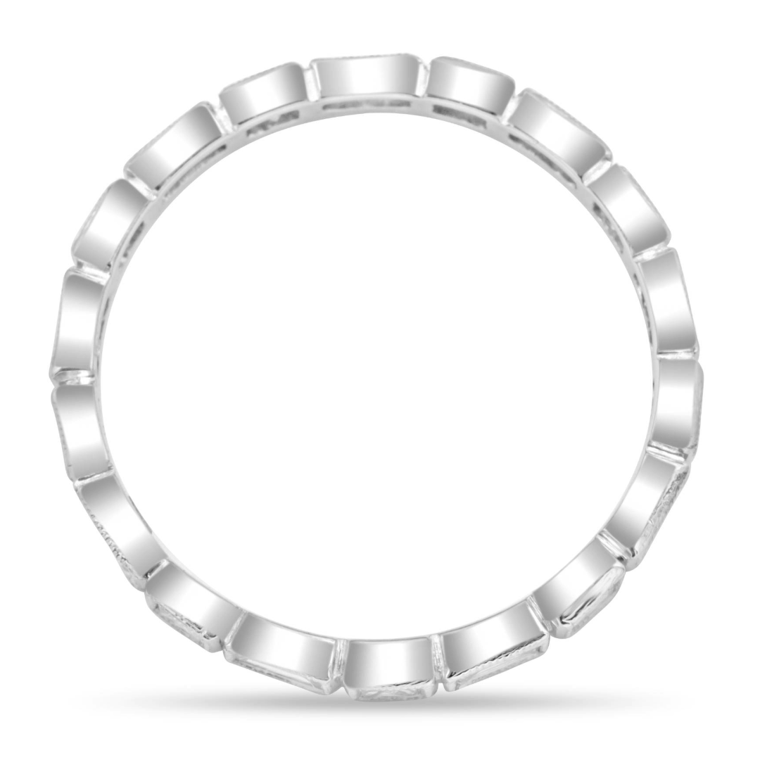 14K gold baguette and princess cut diamond band with alternating bezel-set stones and milgrain edges.