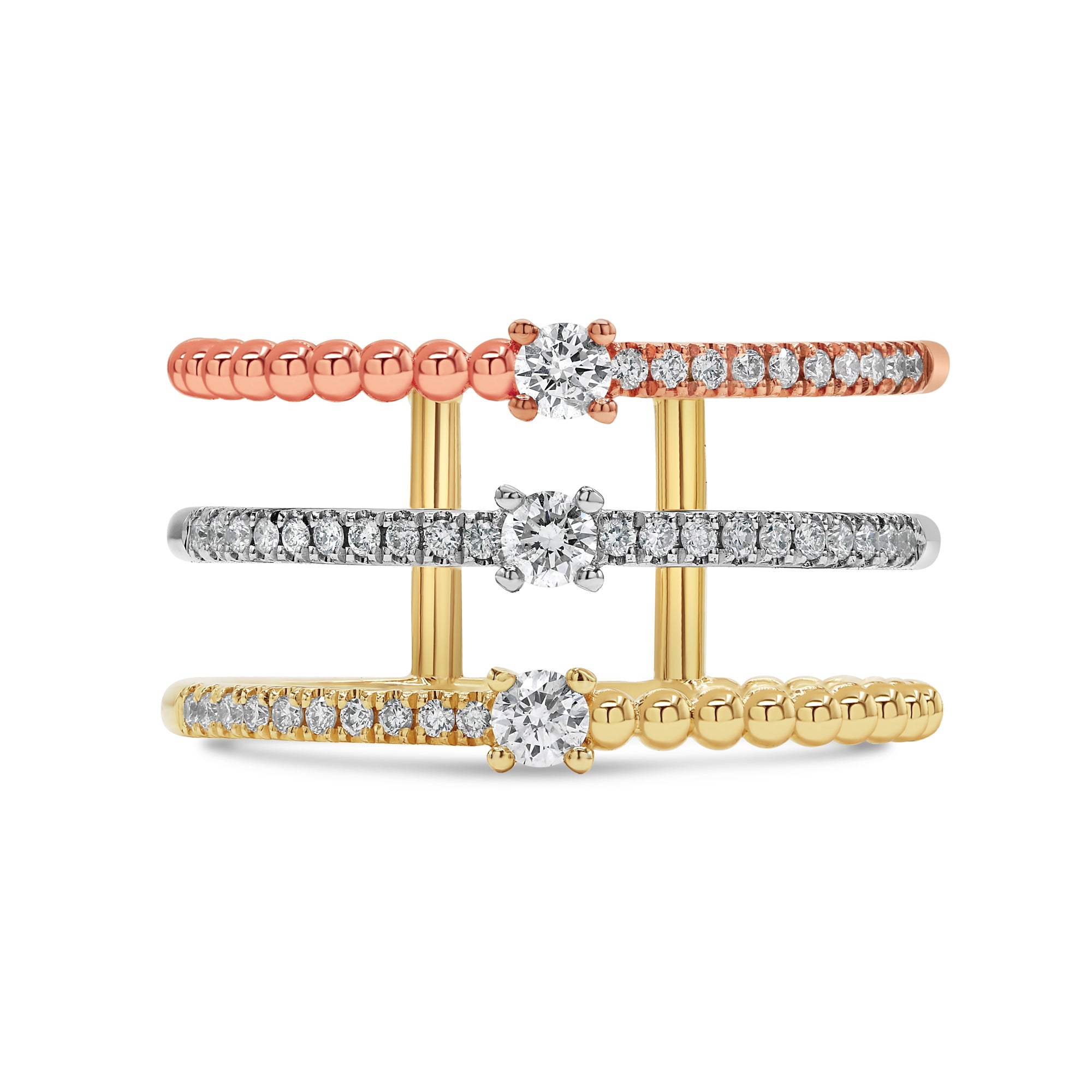14K tri-color gold ring featuring three connected rows of round diamonds in yellow, white, and rose gold tones.