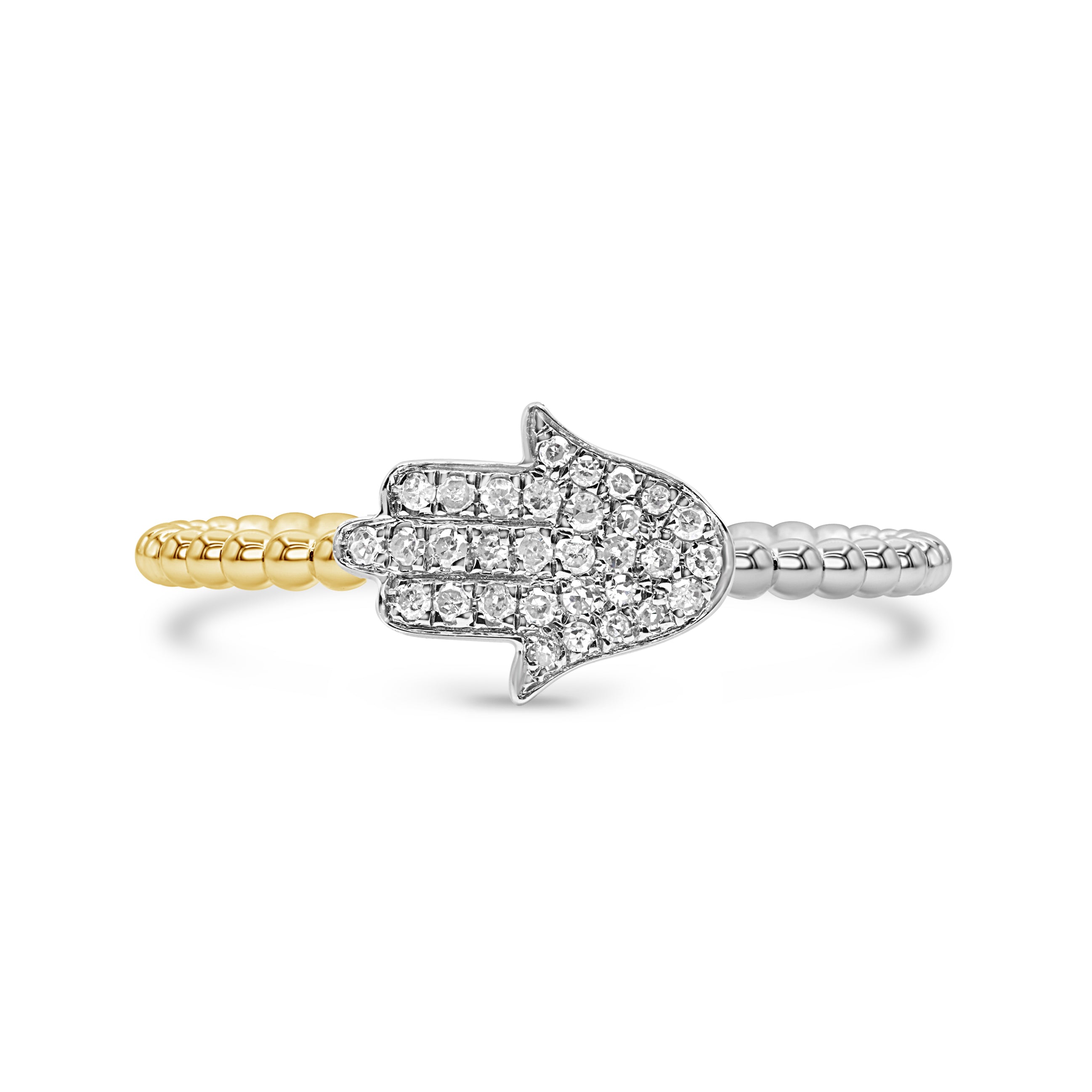 Two-tone gold diamond Hamsa ring in 14K gold featuring round brilliant diamonds in a symbolic, modern design.