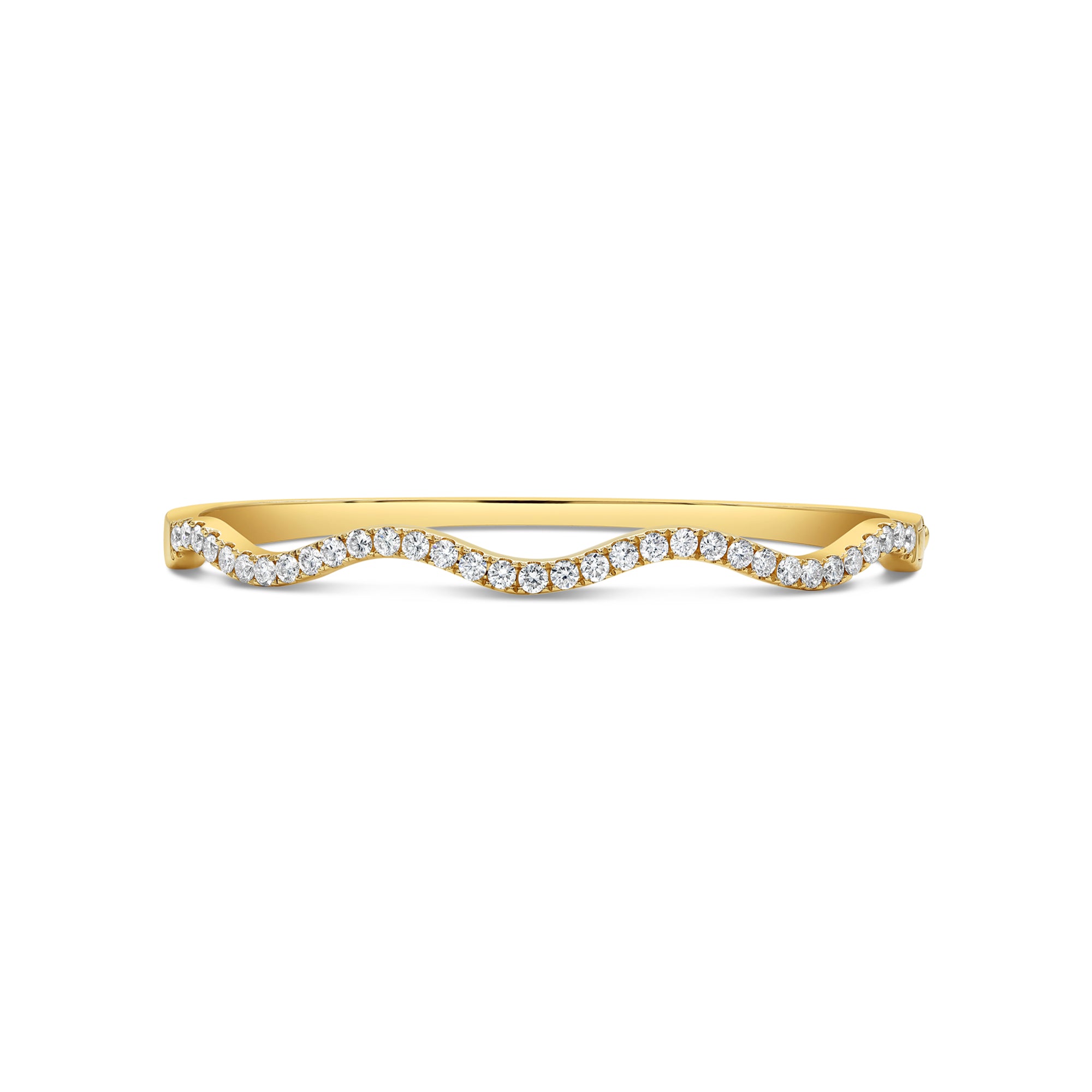 Elegant wave style diamond bangle with round cut diamonds totaling 1.13 carats in 14K gold.