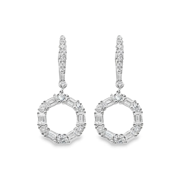 18K white or yellow gold drop earrings featuring alternating round and emerald cut diamonds in an elegant circle setting.