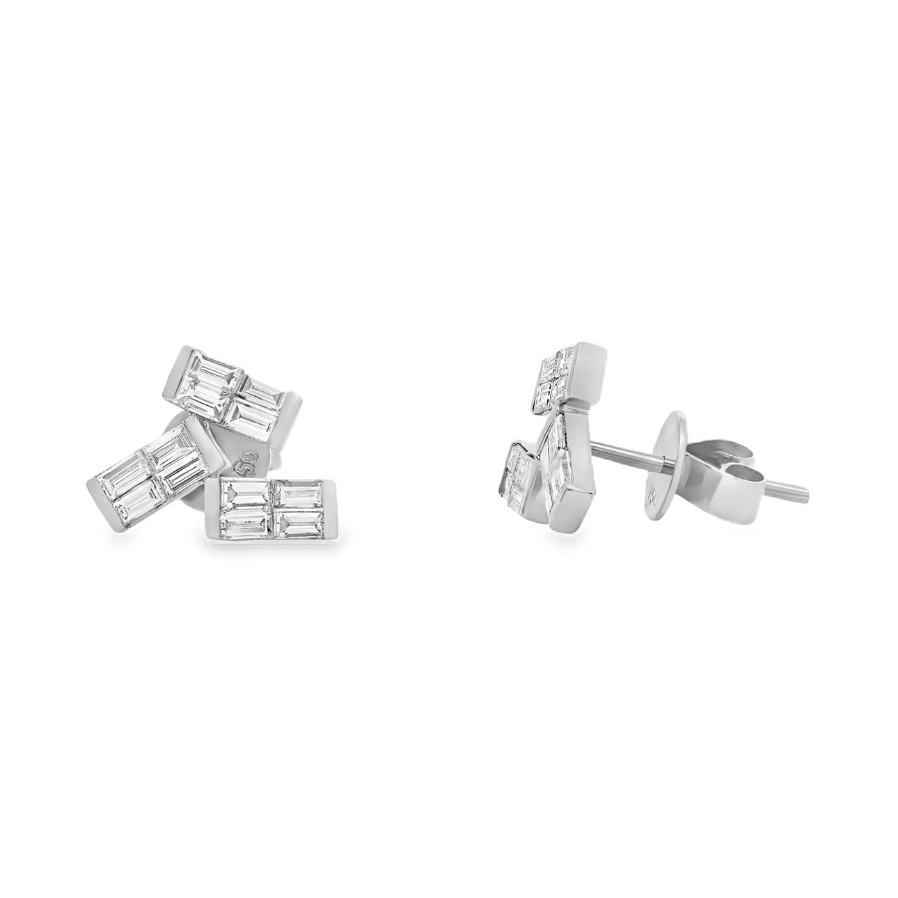 18K yellow and white gold earrings featuring stacked baguette diamonds with G-H color SI clarity for a modern look.